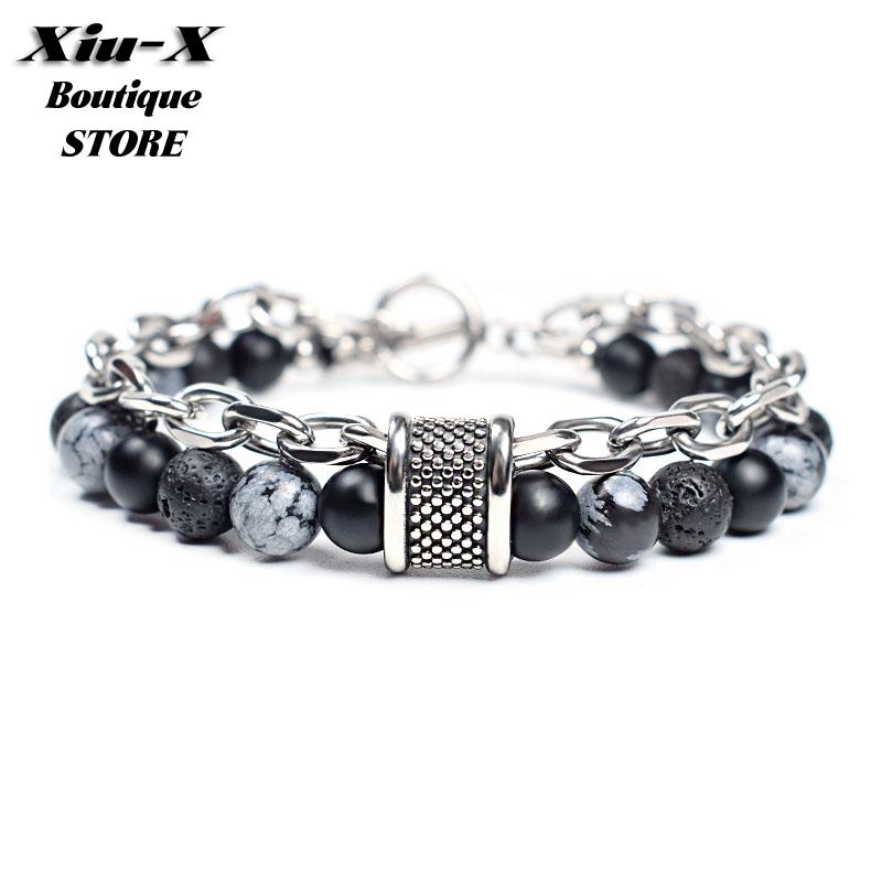 

Natural Stone Beads Tiger Eye Bracelet For Women Men Lava Map Stone Beaded Stainless Steel Charm Bracelets Female Male Jewelry