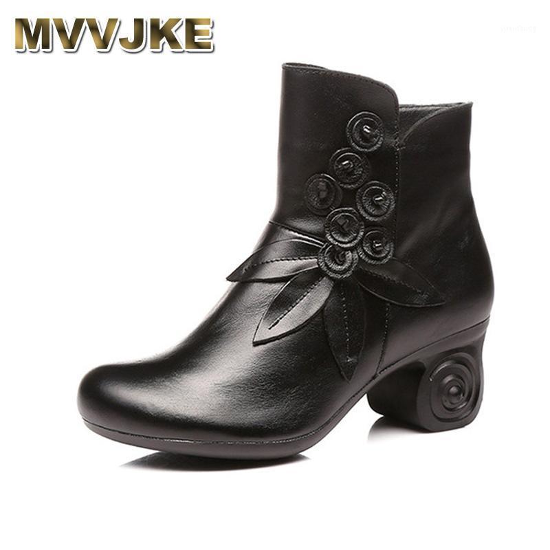 

MVVJKE Beauty Folk Style Retro Genuine Leather Ankle Boots Women High Heeled Comfortable Winter Warm Boots Female Leisure Shoe1, Black