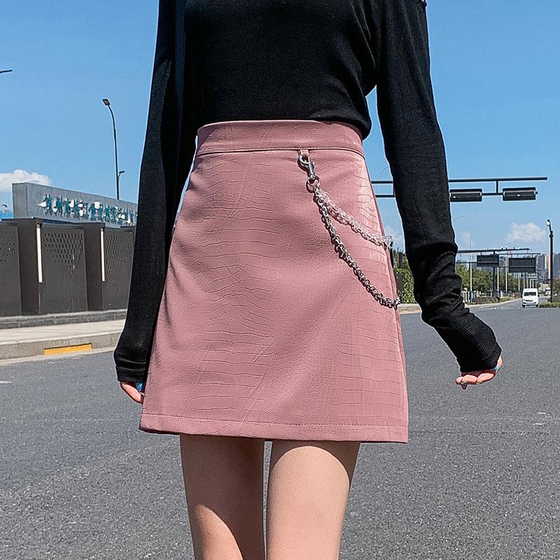 

New Fashion Leather Skirt Woman Autumn Winter High Waist A-line Pink Skirt with Chain Office Business Midi Skirts, Black