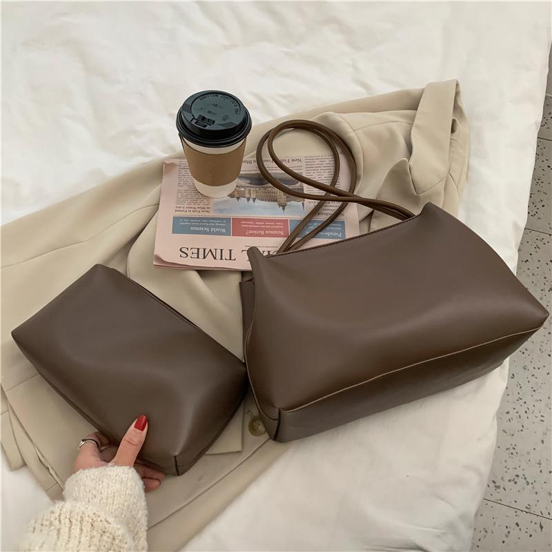 

OLSITTI Solid Color PU Leather 2 In 1 Bag Shoulder Bags for Women 2021 Casual Women Handbag Wallet Sac A Main, Black