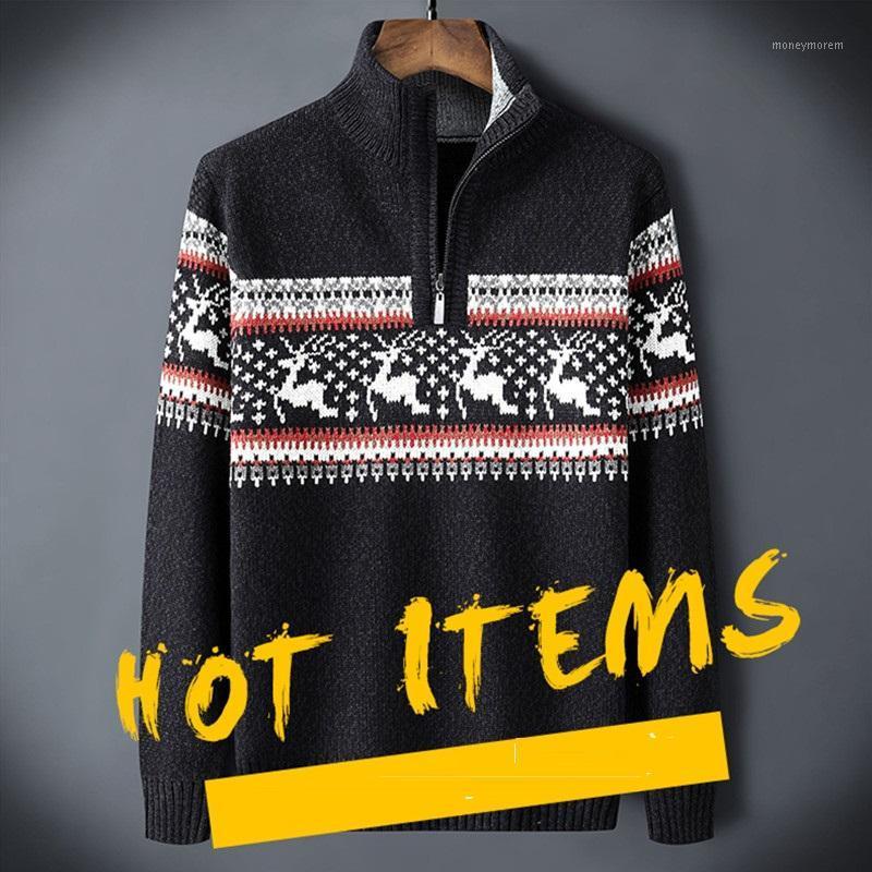 

High Neck zipper Warm Winter Turtleneck Pullover Men Christmas deer Long Sleeve Sweater Knitwear Pullovers Knitted1, 7701 black
