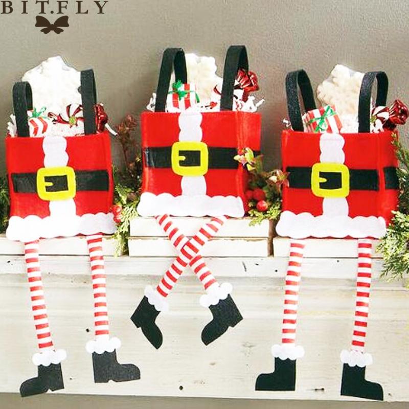 

BITFLY 32X15X6.5cm Santa Claus cloth long leg candy bag Kids favor gift toy New year gift bag Festival party decoration for home