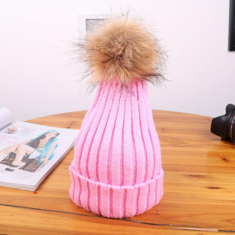 

2020 Winter Pom Pom Beanies Warm Knitted Bobble Girls Fur Pompom Hats Children Real Raccoon Fur Pompon Casual Hat Cap 1-8Y1, White