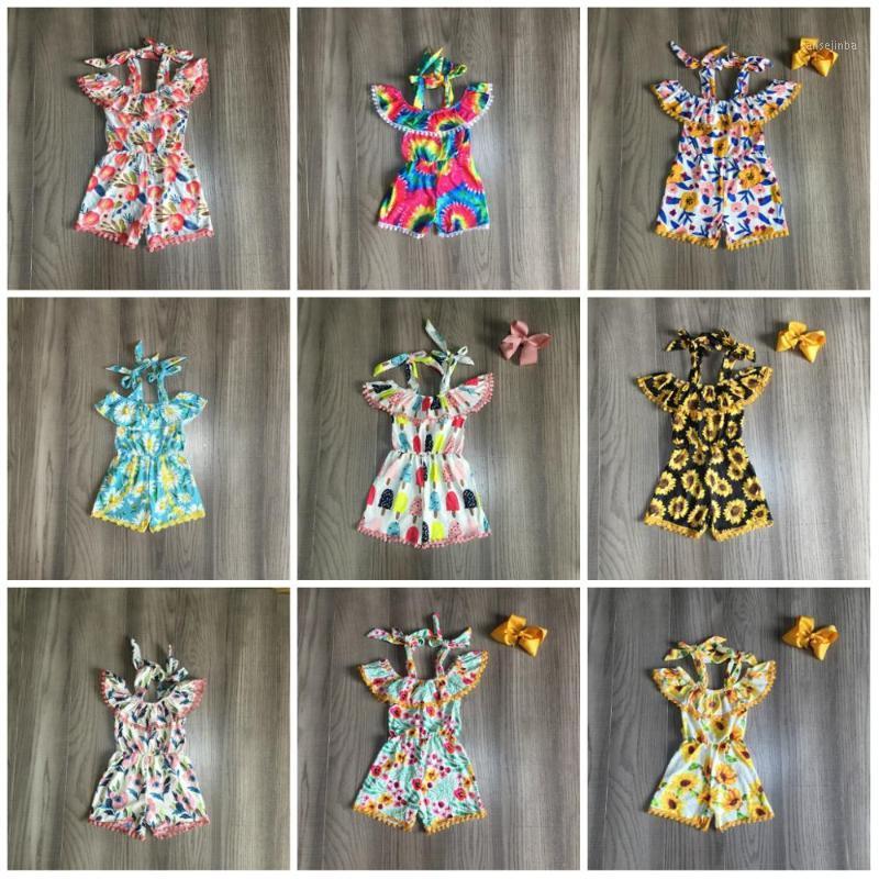 

Summer baby girls overall pom-pom sleeveless tie dyed romper children clothes boutique Floral ruffle shorts milk silk jumpsuit1, Sunflower match bow