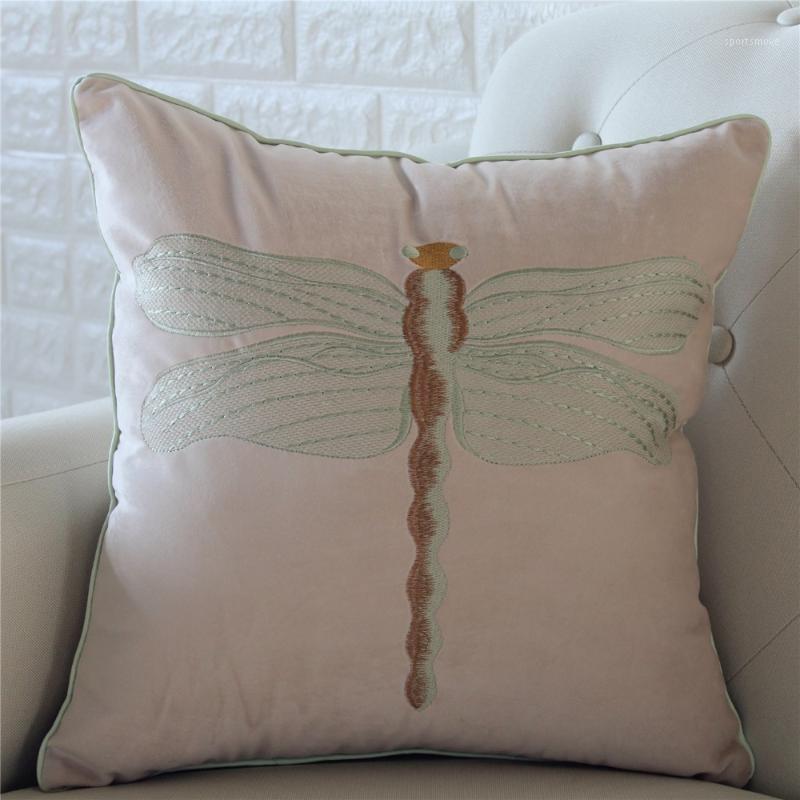 

45x45cm Pastoral style dragonfly embroidered cushion cover luxury cotton pillowcase sofa decorative lumbar pillow cover backrest1, Beige