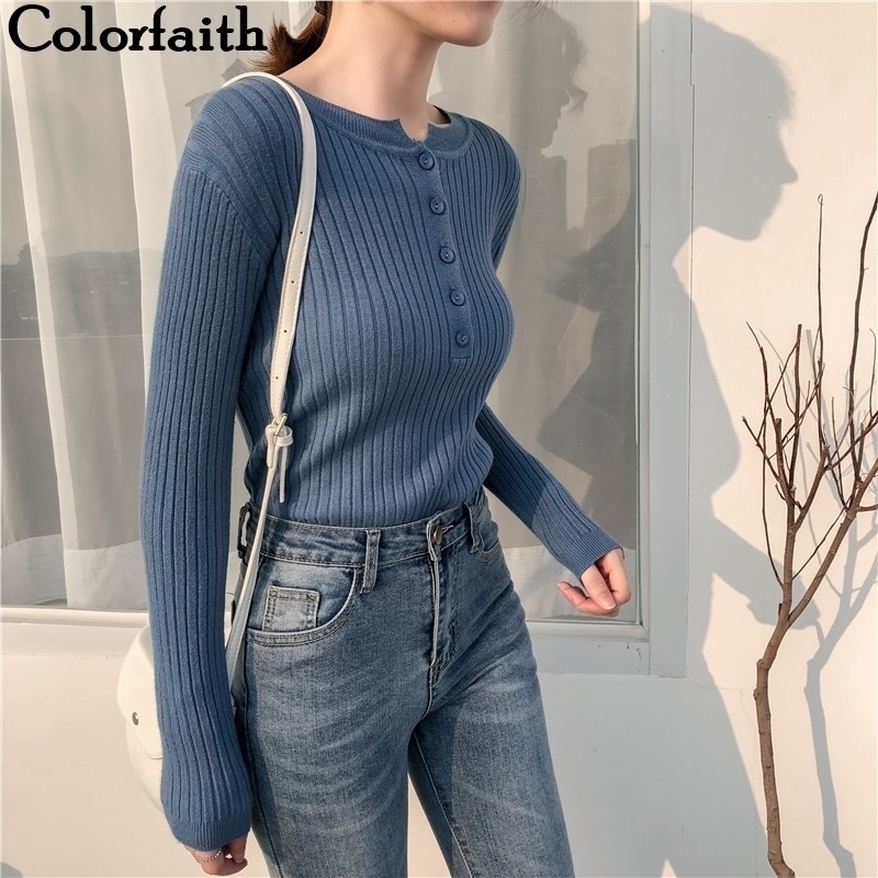 

Colorfaith Autumn Winter Spring Women Pullovers Sweater Knitted Elegant Buttons Casual Ladies Jumpers Bottoming SW9065 201123, Blue