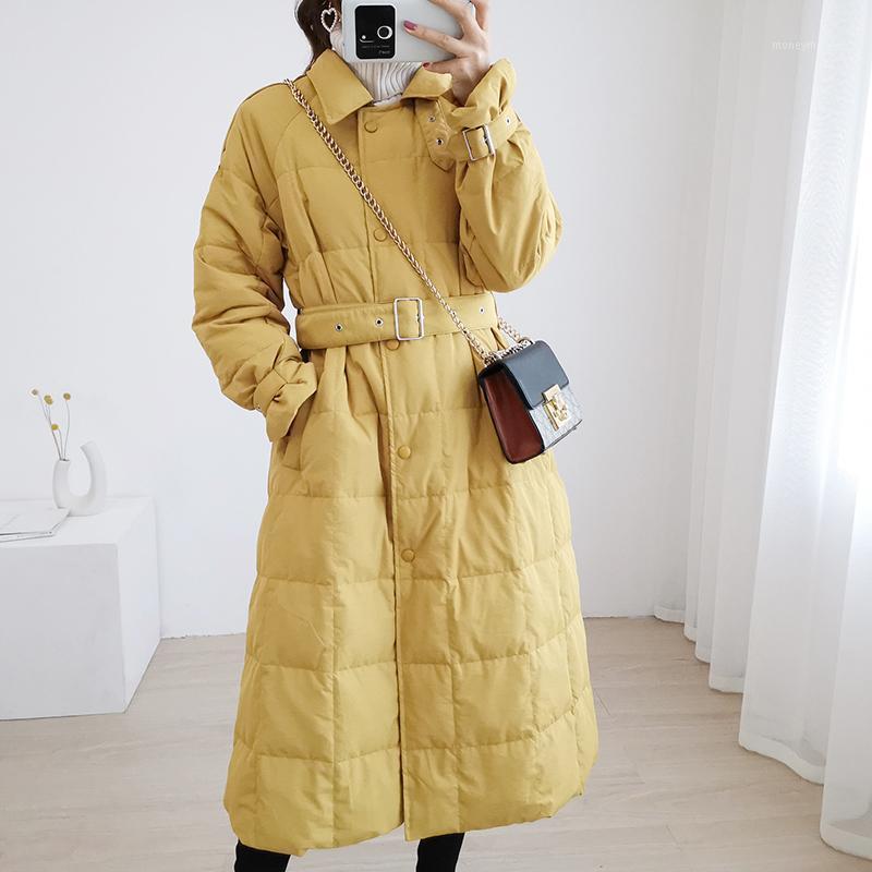 

New Women White Duck Down Long Jacket Winter New Loose Thick Down Overcoat Yellow Warm Outwear Streetwear Belt Parkas1