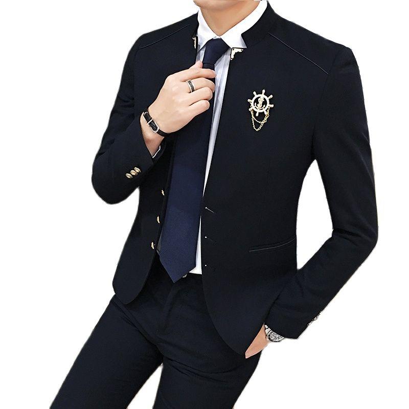 

Jacket + Pants ) Fashion Solid Color Casual Business Mens Stand Collar Suit 2Pcs Ste Groom Wedding Dress Chinese Tunic Formal, Black