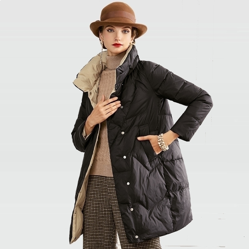 

Female 2021 New Winter Long Neck 90% White Down Parka Streetwear Warm Puffer Jacket PMFQ, Coral red