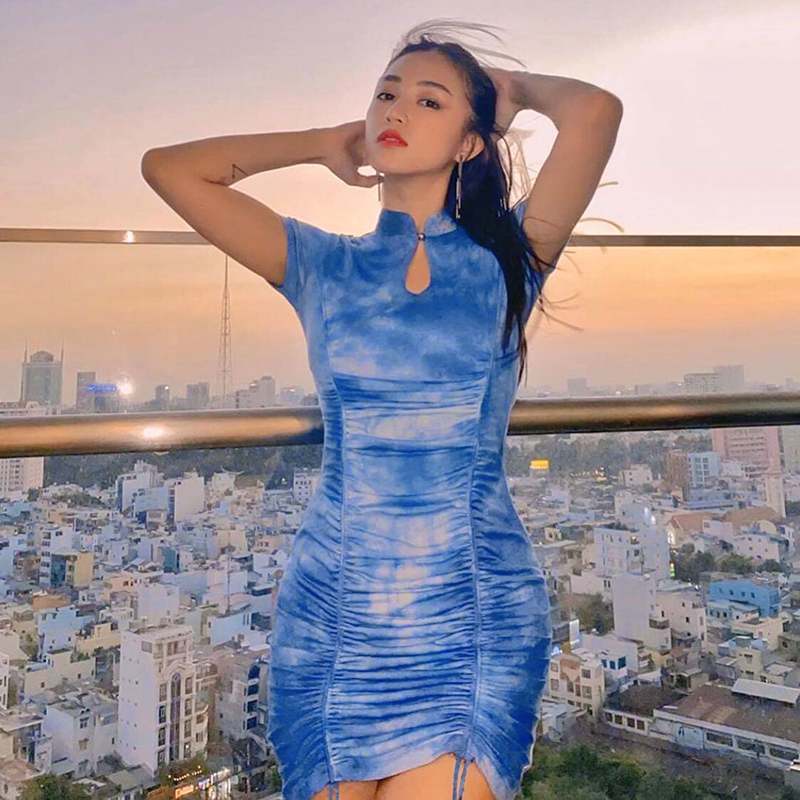 

Casual dresses women robe tie dye short sleeve pleated sexy mini dress summer women fashion streetwear outfits cheongsam sundress, Blue