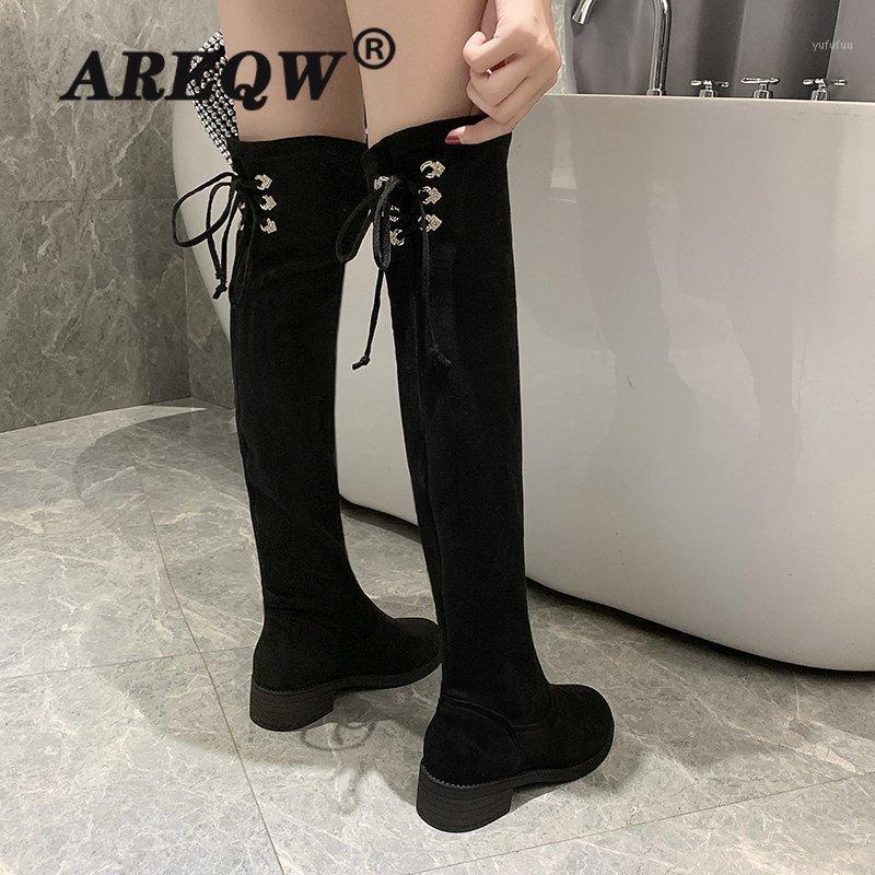 

2020 Women Winter Boots Autumn All Match Elastic Fabric Over The Knee High Shoes Square Flats Women Boots1, Black