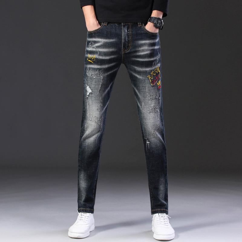 

Vogue Jeans Men Tide Autumn New Pockets Personality Ripped Slim Fit Zipper Stretch Denim Pants Male Printed Trousers, Blue