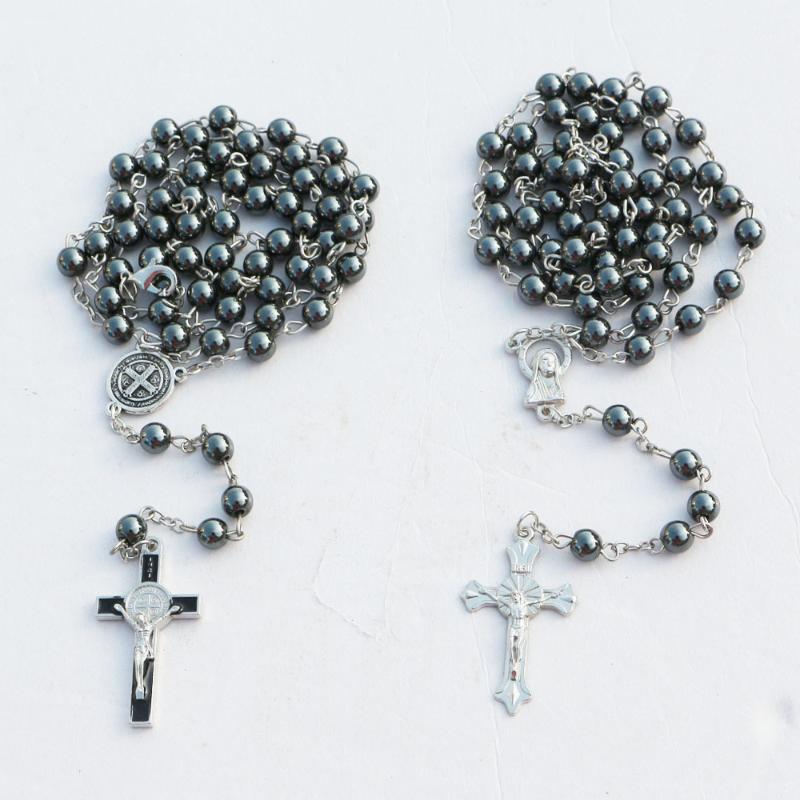 

10pcs 2styles handmade 6mm hematite beads rosary chain/religious necklace Catholic Cross Religious Necklaces