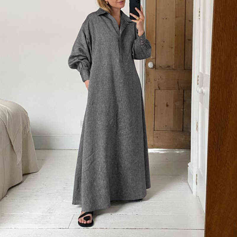 

Winter Dress For Women'Solid Sundress Vintage Lapel Pleated Kaftan Dress Long Robe Femme VONDA Long Vestidos G1223, Black