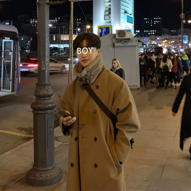 

Male Autumn 2021 Thin New Winter Long Pure on Knee Coat Lapel Fashion Masculine Youth Wear YU8T, Black