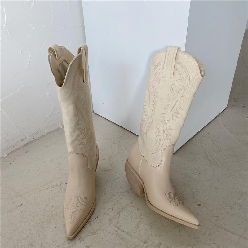 

INS 2020 Women Beige Blue High Heels Wedges Long Boots Western Vintage Cowboy Boots Winter Designer Thigh High Embroidered, Black