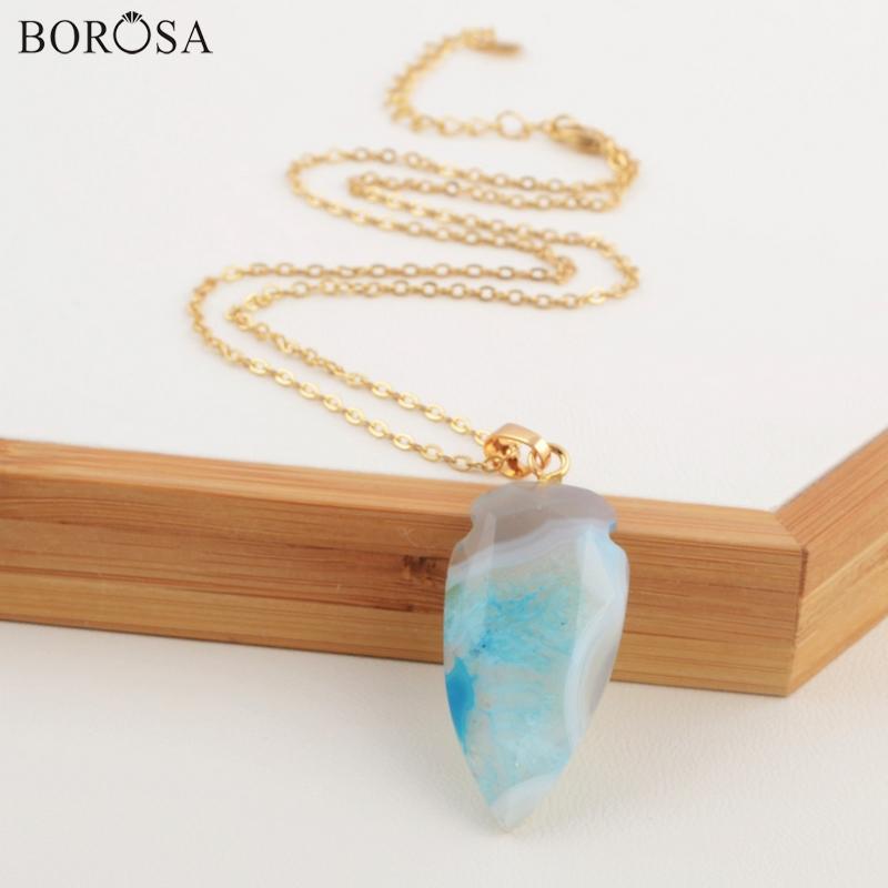 

BOROSA Dropship Female Necklace Boho Arrowhead Rainbow Onyx Agates Druzy Geode Pendant Necklace