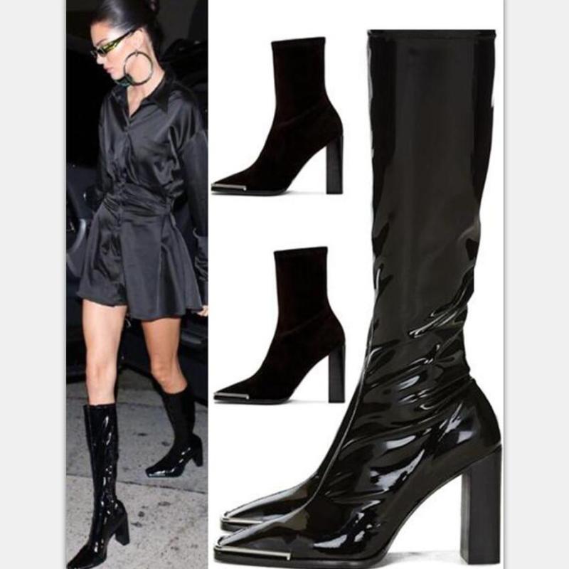 

Patent Leather Sock Boots Chunky Heel Knee High Boots Women Metal Decor Winter Shoes Women Sexy Botas Altas Mujer Sobre Rodilla1, Black