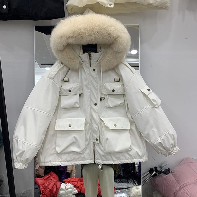 

Women Down Coat Large Natural Fur Winter Thick 90% White Duck Down Parka Female Hooded Short Jacket Loose Outerwear