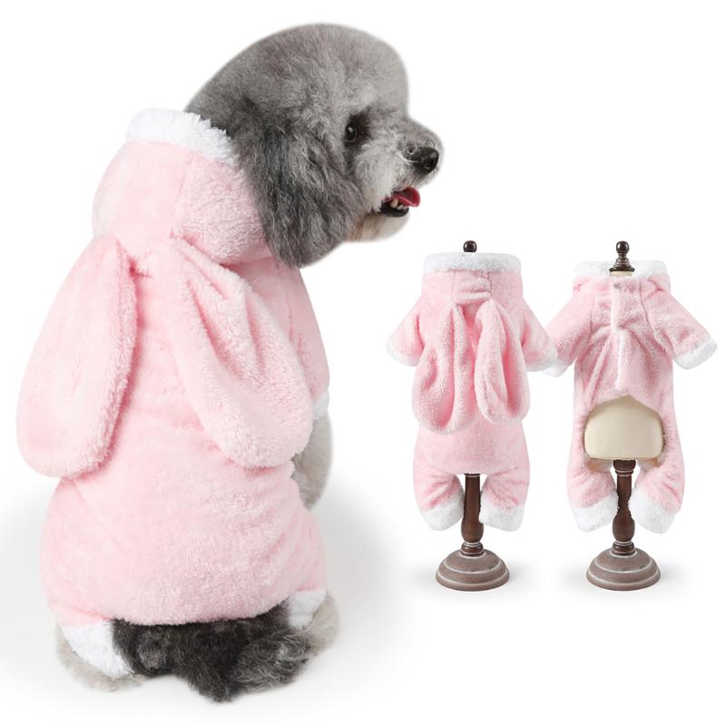 

Cute Plush Pet Pink Turned Dress Dog Clothes Ear Hoodie Plush Dog Apparel Jumpsuit Pet Supplies For Cat