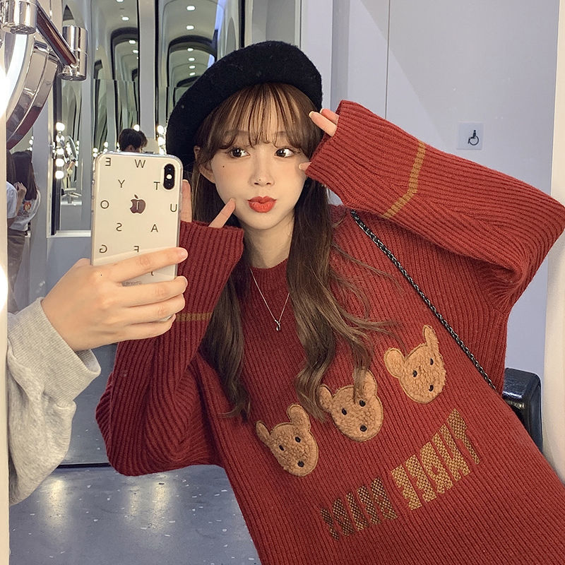 

2021 Autumn and Winter New the Wild Female Red Loose Lazy Bear Pattern Pulley Tide Sweater 9O8S, Beige