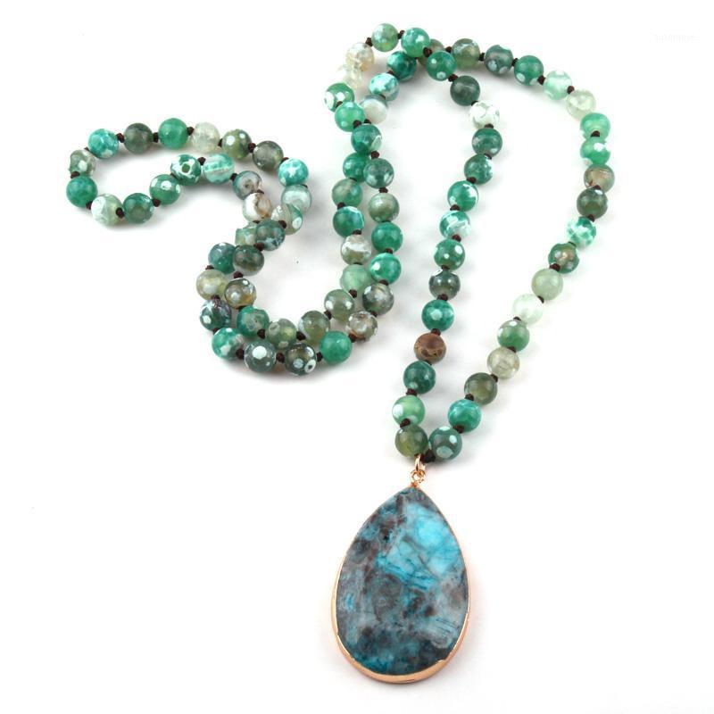 

MOODPC Fashion Bohemian Jewelry Natural Stone Green Dot Knotted Stone Drop Pendant Women Necklace1