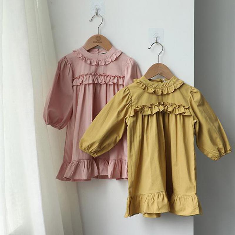 

2021 New 1-6y Toddler Kids Baby Ruffles Long Sleeve Solid Party Casual Princess Girls Clothes Outfits Rmm2, X2102pink