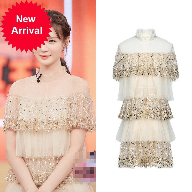 

2021 New Fancy Runway Fashion Sequins Seamen Mesh Crochet Mini Design Frilly Sleeve Short Dress Party Clothes Elcj, Blue