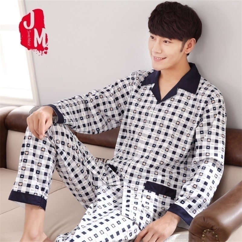 

Men Pyjama Set 100% Cotton Spring Long Sleeve Plaid Men Pajama Suit Autumn Nightwear Collar Pijama Male Sleepwear Two Piece XXXL 201111, Cotton men pajamas
