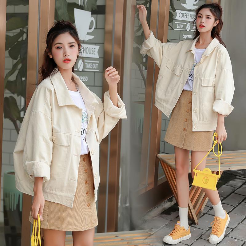 

Korean Version of the Pocket Button Tooling Coat Female 2020 Autumn New Solid Slim Loose Single-breasted Women' Denim Jacket, Khaki