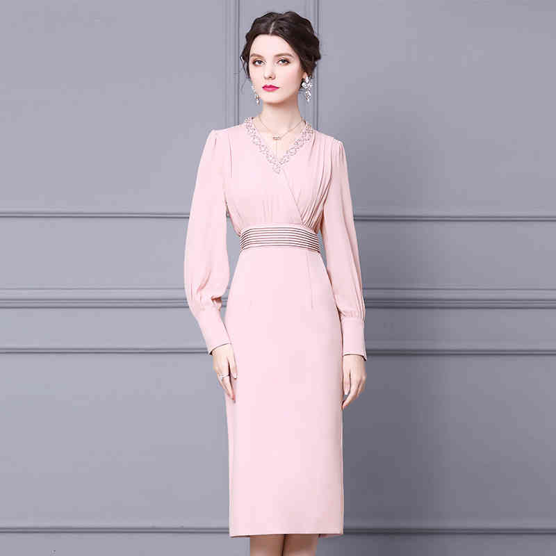 

Casual Dresses Zhili annual meeting dress is slim at the waist. autumn long sleeve V-neck Nail Drill high-end temperament Hip Wrap Skirt YSTY, Pink