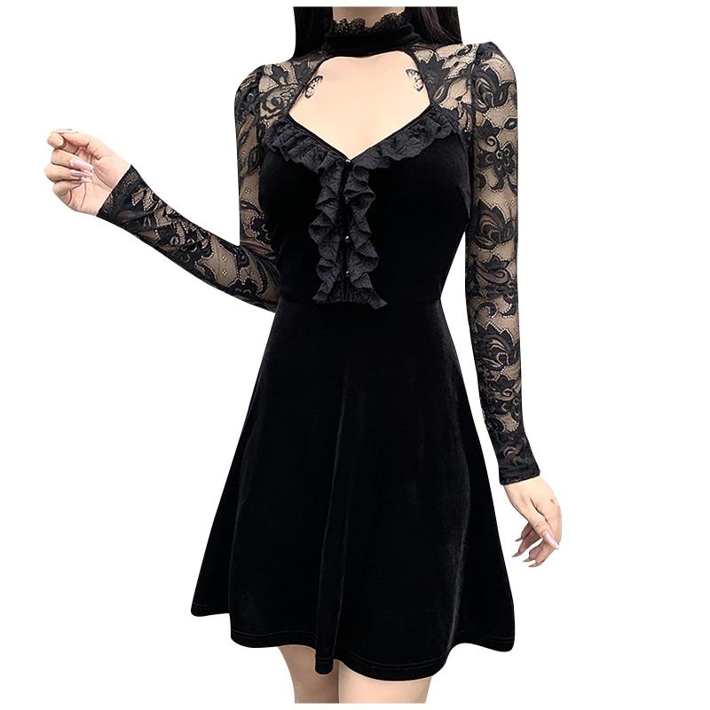 

Vintage Black Velvet Gothic Dress Women Elegant Hollow Out Sexy Lace Patchwork Mini Female Party Dresses Autumn