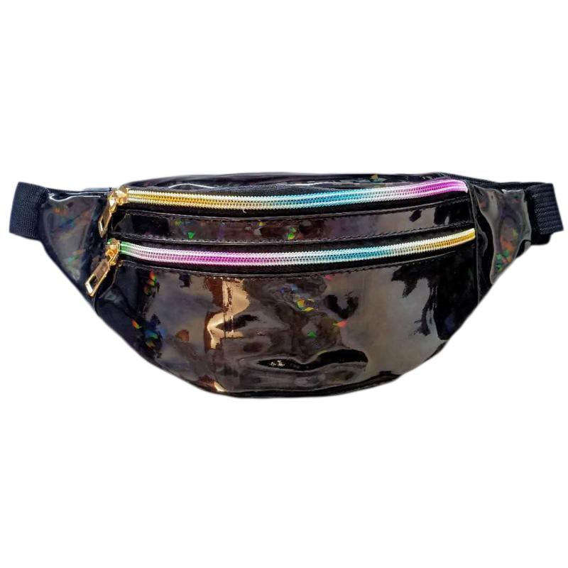 

Women Men Waist Packs Holographic Laser Fanny Pack Shiny Waist Bum Bag with Adjustable Belt For Sports Travel Party, Black