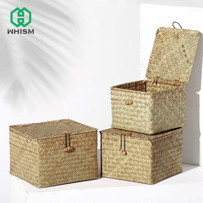 

WHISM Seagrass Woven Square Desktop Storage Boxes with Cover Handmade Storage Basket Debris Basket Cosmetic Box1, S size
