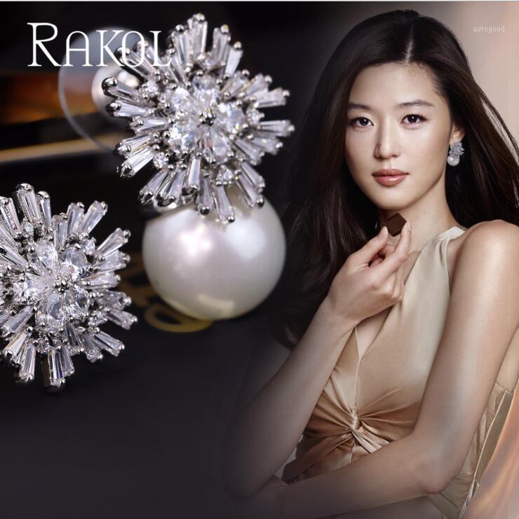 

Stud RAKOL Arrival Cubic Zirconia Big SnowFlower Earrings For Women White Pearl Christmas Gift Jewelry RE0755L1
