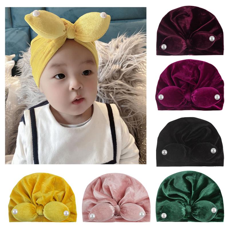 

Baby Ears Pearl Knotted New Velvet For Girls Autumn Winter Hat Elastic Infant Beanie Children Accessories, 01