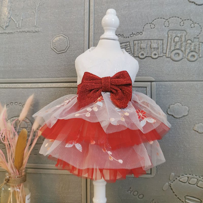 

Free Shipping Handmade Dog Clothes Princess Tutu Short Evening Dress Shine Big Bow More Layers Bubble Skirt Pet Ball Gown Poodle, Red