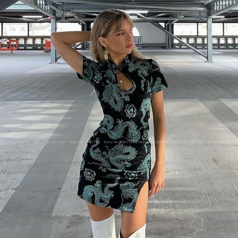 

Ethnic Clothing Fashion Streetwear Sexy Nightclub Gothic Bodycon Dragon Print Chinese Cheongsam Japanese Harajuku Style Retro Qipao Mini Dre