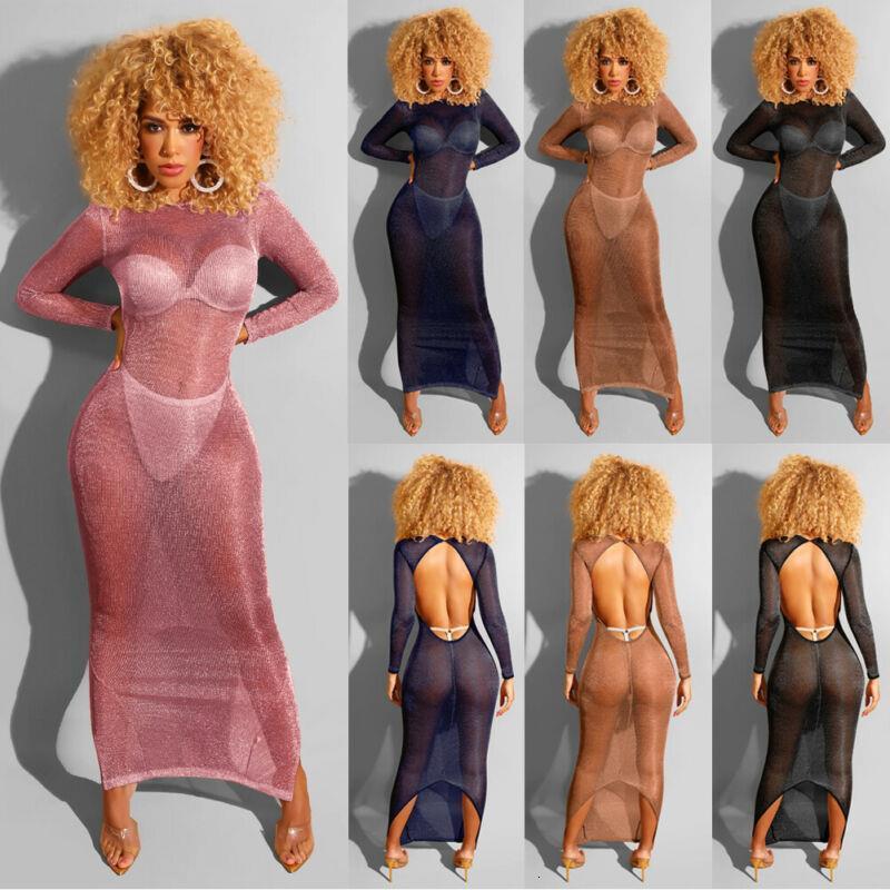 

women black long sleeve see-through mesh sheer maxi smock dress tulle lace long summer night out party dresses streetwear, Black;gray