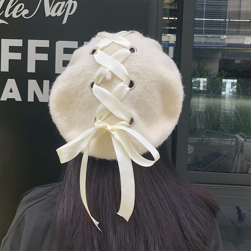 

H3543 Women Wool Beret Hat Korean Harajuku Cross Bandage Bowknot Cap Autumn Winter Painter High Quality Fashion Strap Girl Hats, Blue