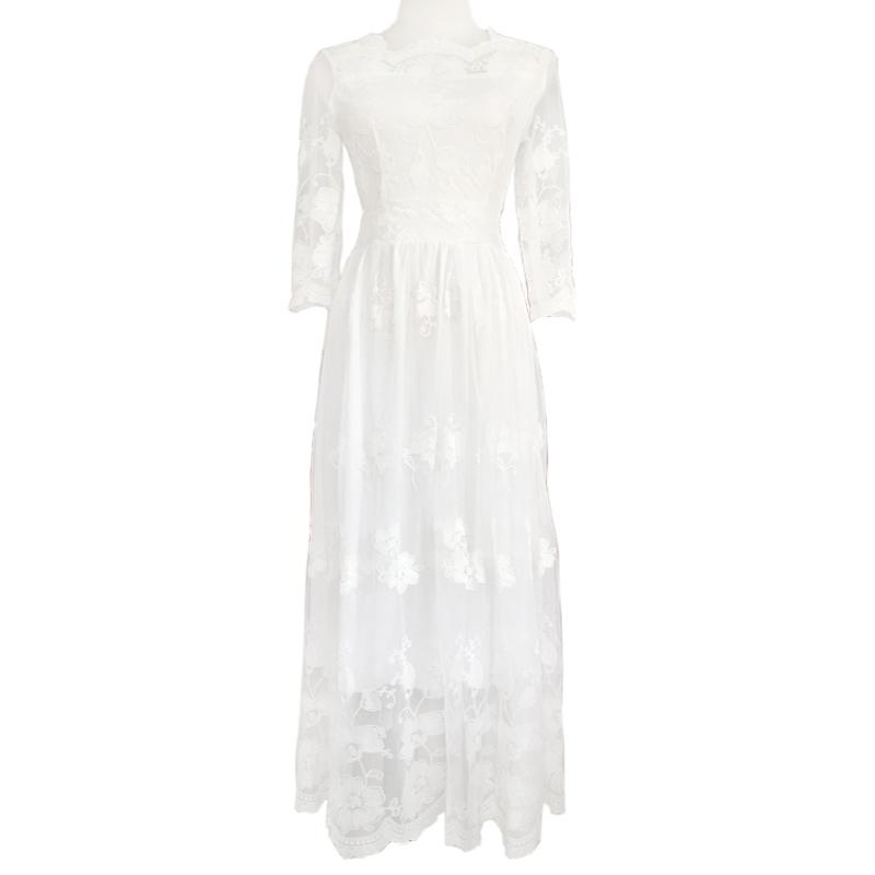 

PERHAPS U White Lace Slash Neck Solid 3/4 Sleeve Fit And Flare Maxi Long Dress Pleat Empire Summer Elegant D0459, As pic
