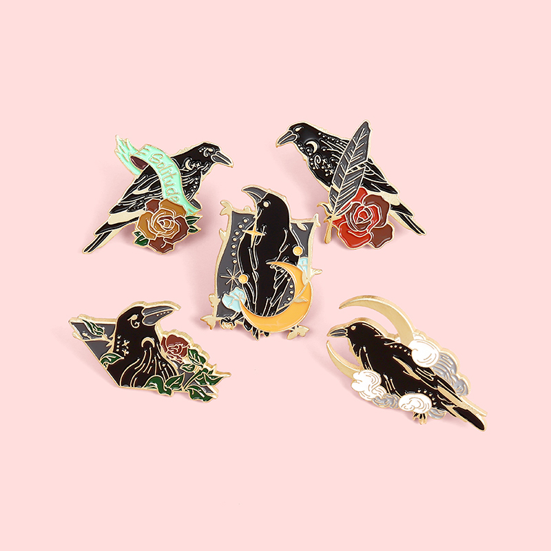 

Crow moon flower stars Enamel Lapel Pins Symbol of doom Brooches Badges Fashion Death Pins Gifts for Friends Jewelry, Gray