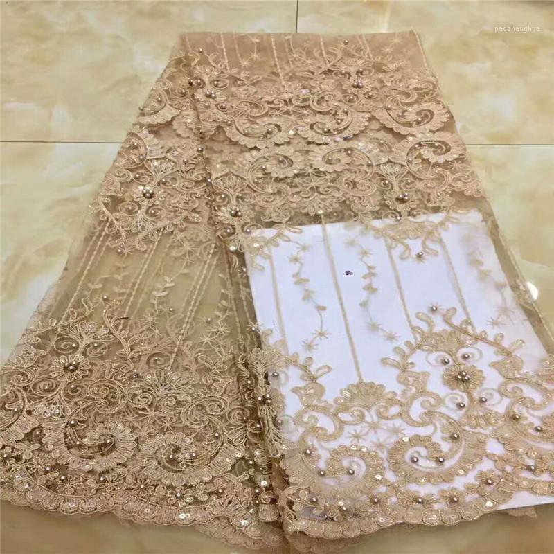 

New Arrival Gold African Embroidered Mesh Laces Beaded High Quality French Tulle Lace Fabric For Nigerian Wedding X937-81