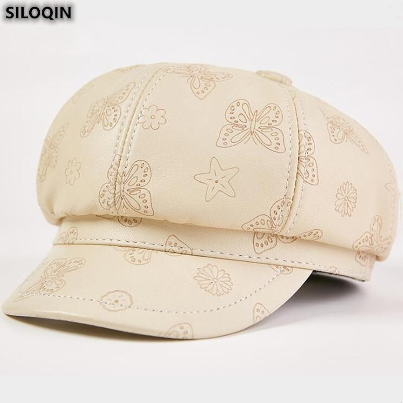 

Sboy Hats SILOQIN Trend Genuine Leather Hat Autumn Fashion Sheepskin Caps For Women's Elegant Noble Ladies Brands Student Cap 1, Rose red