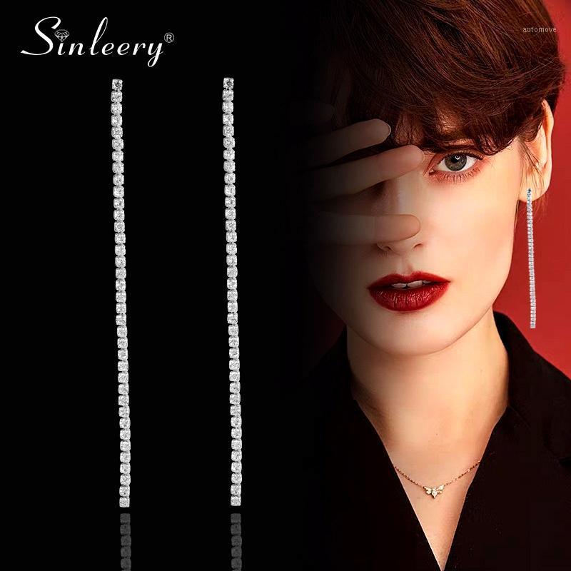 

SINLEERY Simple Shiny Full Crystal Long Line Drop Earrings Women Silver Color Wedding Jewelry Boucle D'oreille Femme ES235 SSB1