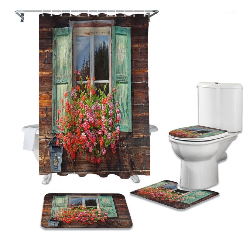 

Flowers Windows Wooden House Retro Shower Curtain Sets Non-Slip Rugs Toilet Lid Cover and Bath Mat Bathroom Curtains Set1