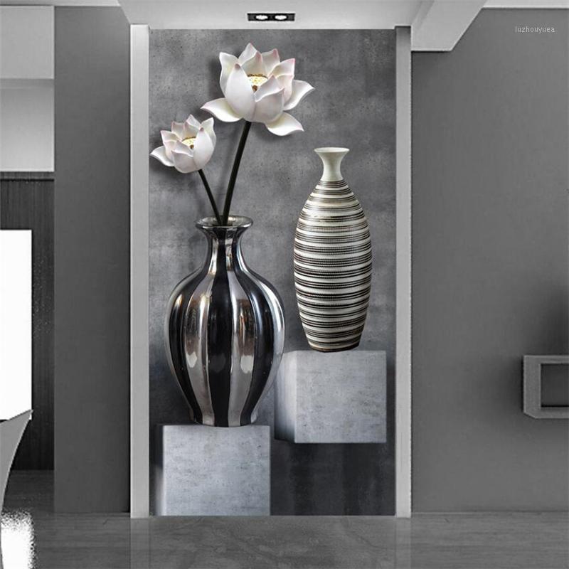 

Custom Photo Black White Lotus Vase Modern Art 3D Entrance Background Wallpaper Living Room Corridor Aisle Decorative Wall Mural1, As pic