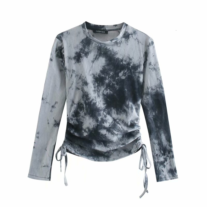 

2021 New Streetwear Tie-dye Impresso Camisas Outono Moda Senhoras Drapeado Camisa Elegante Feminino De Malha Topos Meninas Chique Sjwy, Dark grey