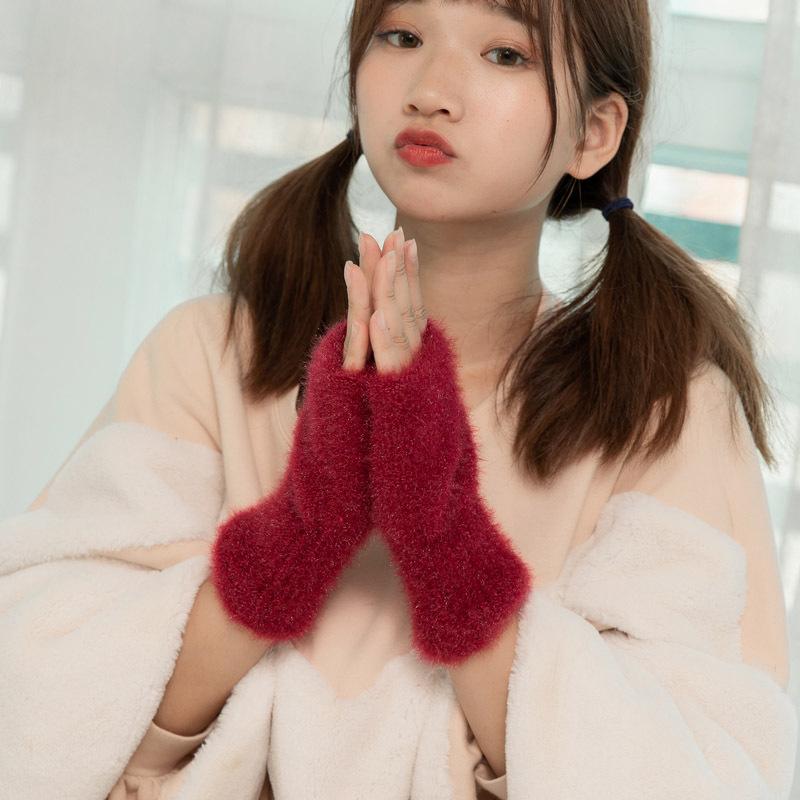

Imitation mink velvet gloves women's autumn and winter warmth outdoor plus velvet thickened student half-finger gloves B31