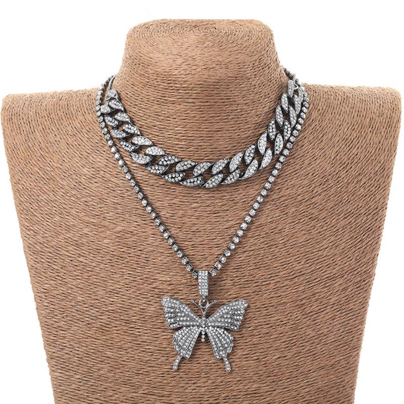 

Chokers Iced Out Cuban Link Kette Schmetterling Halskette Set Eis Choker Frauen Blinged Chocker Hip Hop Anhnger Schmuck